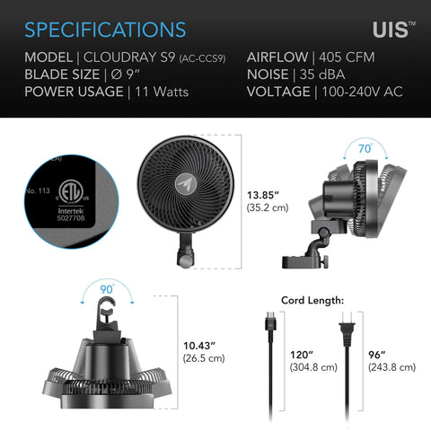 AC Infinity Cloudray S9 (Gen2) Clip Ventilator EC Motor 225mm Oszilierend