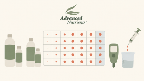 Advanced Nutrients Düngeschema am Mischplatz – Illustration mit Wochenplan, A+B-Basisdünger und EC-Messgerät