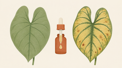 CalMag Mangel erkennen und dosieren – gesundes Blatt neben Blatt mit Chlorose und braunen Flecken, dazu Dosierflasche – Ratgeber mit Rechner