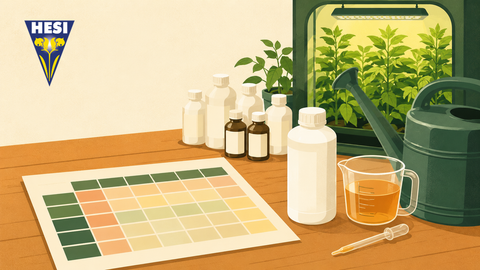 Hesi Düngeschema am Mischplatz – Illustration mit Wochenplan, Dünger und Growzelt