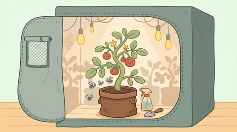 Illustration einer Growbox mit Tomatenpflanze und Trauermuecken ueber der Substratoberflaeche