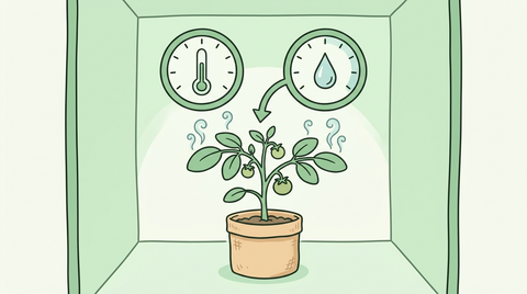 Illustration einer Pflanze in der Growbox mit Anzeigen fuer Temperatur und Luftfeuchtigkeit, die zusammen den VPD-Wert ergeben