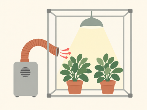 Luftentfeuchter für die Growbox: Gerät steht außerhalb des Growzelts, ein Schlauch führt trockene Luft ins Zelt