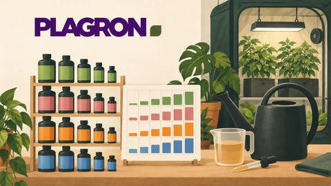Plagron Düngeschema: Illustration mit vier Düngerlinien (Terra, Alga, Coco, Hydro), Wochenplan, Gießkanne und Messbecher vor einem Growzelt
