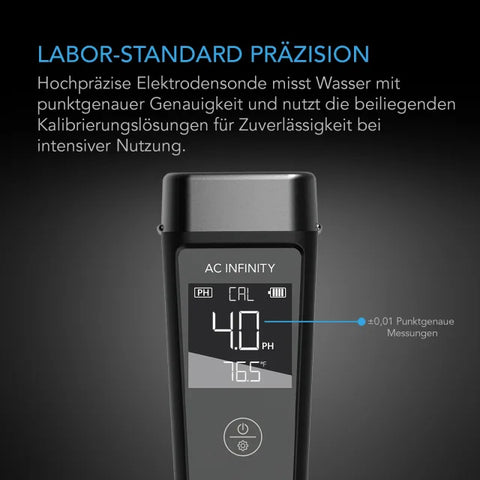 Display des AC Infinity pH-Messgeräts bei der pH-Kalibrierung mit ±0,01 Genauigkeit