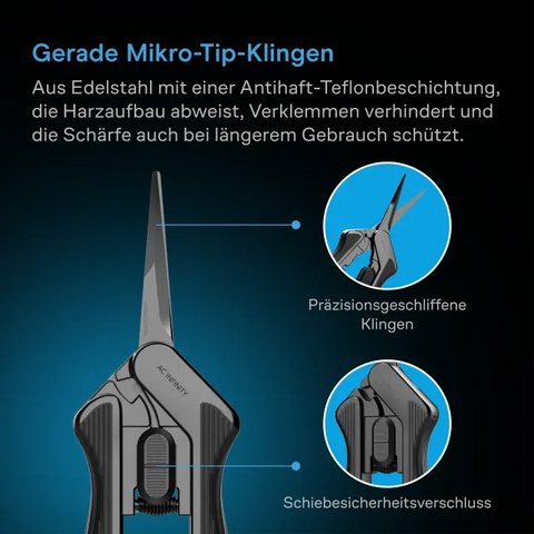 Gerade Mikrospitze aus Edelstahl mit Teflonbeschichtung und Schiebe-Sicherheitsverschluss der AC Infinity Präzisionsschere