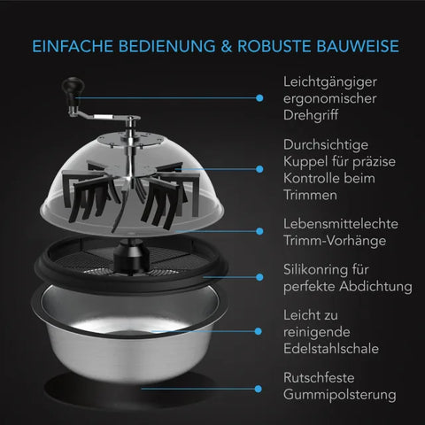 Aufbau des AC Infinity Bowl-Trimmers 43 cm: Drehgriff, Acrylhaube, Silikonwischer, Silikonring, Edelstahlschale und rutschfeste Unterlage