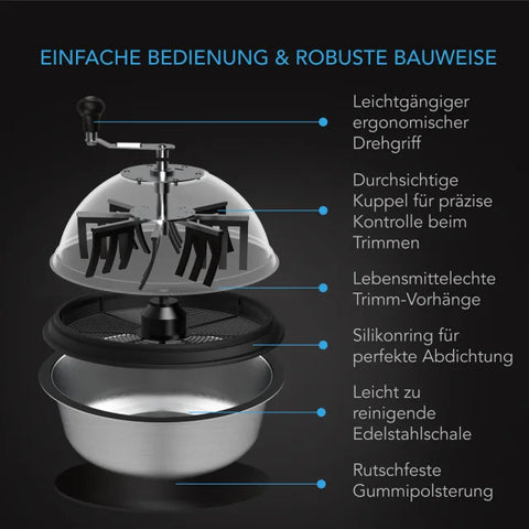 Aufbau des AC Infinity Bowl-Trimmers 49 cm: Drehgriff, Acrylhaube, Silikonwischer, Silikonring, Edelstahlschale und rutschfeste Unterlage