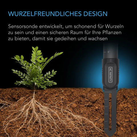 Wurzelschonende Sonde des AC Infinity Bodensensors in der Erde neben einer Pflanze