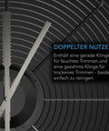Glatte und gezahnte Edelstahlklinge unter dem Gitter des AC Infinity Bowl-Trimmers