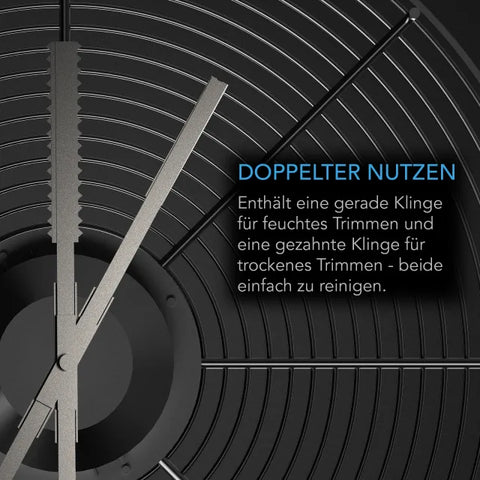 Glatte und gezahnte Edelstahlklinge unter dem Gitter des AC Infinity Bowl-Trimmers