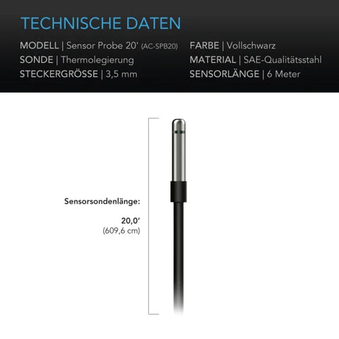 Technische Daten des AC Infinity Klimasensors AC-SPB20: 3,5-mm-Stecker, 609,6 cm Kabel, SAE-Stahl