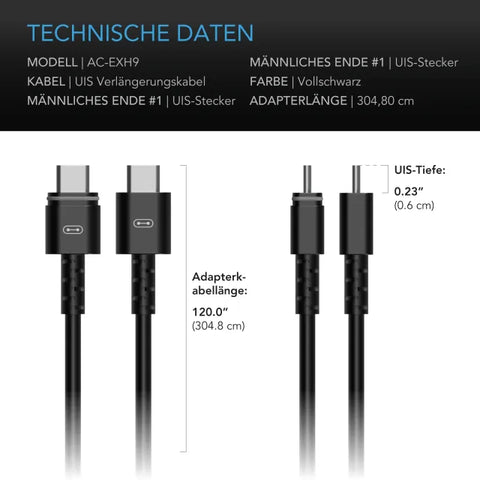 Technische Daten des AC Infinity UIS-Verlängerungskabels AC-EXH9: 304,8 cm, UIS-Stecker an beiden Enden
