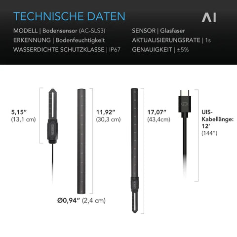 Technische Daten des AC Infinity Bodensensors AC-SLS3: Sensor 13,1 cm, Verlängerung 30,3 cm, Kabel 3,66 m