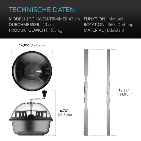 Technische Daten des AC Infinity Bowl-Trimmers AC-BTA16: Ø 42,8 cm, Höhe 42,5 cm, Klinge 34 cm, 5,8 kg