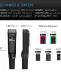 Technische Daten und Maße des AC Infinity Hydroponic Meter PRO: 4,2 × 3,3 × 17,8 cm, IP67, 5 Lösungen
