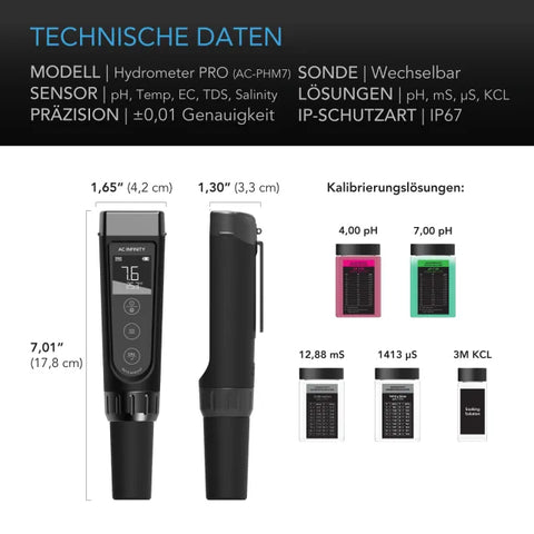 Technische Daten und Maße des AC Infinity Hydroponic Meter PRO: 4,2 × 3,3 × 17,8 cm, IP67, 5 Lösungen