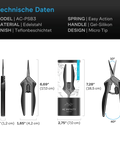 Technische Daten der AC Infinity Präzisionsschere AC-PSB3: 17,0 × 4,2 × 1,2 cm, Edelstahl, Gel-Silikon-Griff