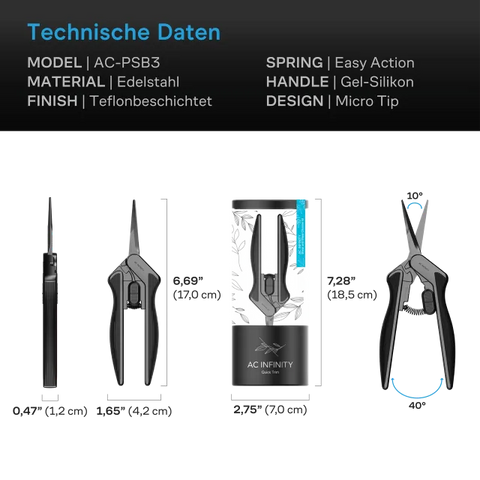Technische Daten der AC Infinity Präzisionsschere AC-PSB3: 17,0 × 4,2 × 1,2 cm, Edelstahl, Gel-Silikon-Griff