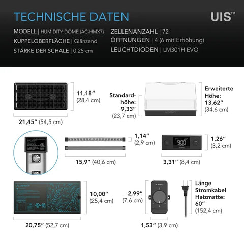 AC Infinity Stecklings-Gewächshaus mit Höhenverlängerung, mit Samsung LM301H EVO LED-Beleuchtung, Heizmatte 5x8-Tablett