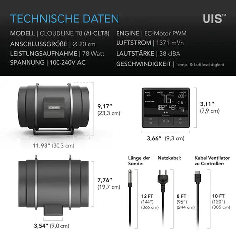 AC Infinity CLOUDLINE PRO T4, leises Inline-Lüftersystem mit Temperatur- und Feuchtigkeitssteuerung, 100 mm