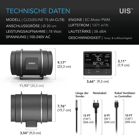 AC Infinity CLOUDLINE PRO T8, leises Inline-Lüftersystem mit Temperatur- und Feuchtigkeitssteuerung, 200 mm
