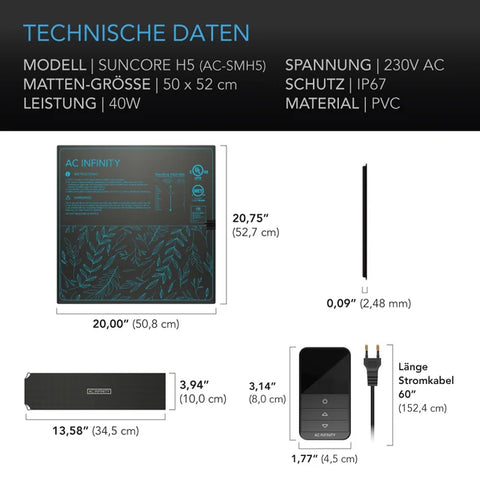 AC Infinity Suncore H5 Heizmatte für Anzucht mit digitalem Thermostat – 50,8 × 52,7 cm, IP67