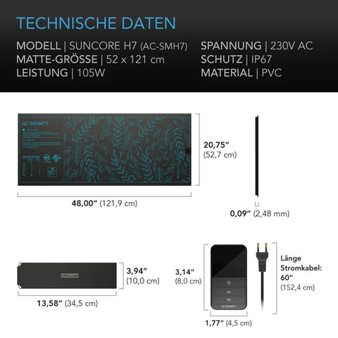 AC Infinity Suncore H7 Heizmatte für Anzucht mit digitalem Thermostat – 121,9 × 52,7 cm, IP67
