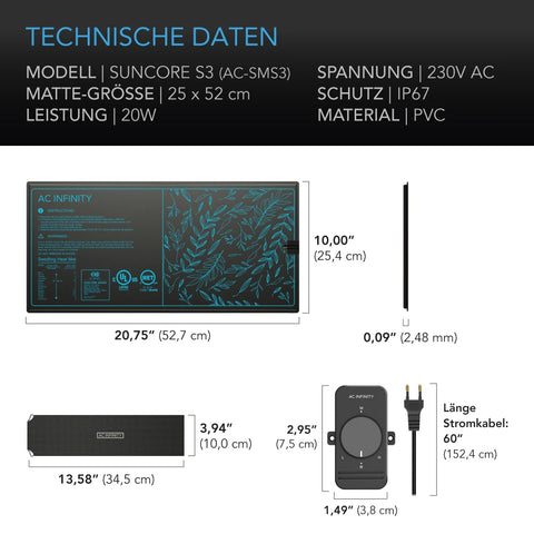 AC Infinity SUNCORE S3, wasserfeste Heizmatte für Keimlinge mit Heizungs-Controller, 25,4 cm x 52,7 cm