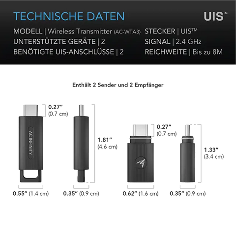 AC Infinity UIS 1-zu-1 Transmitter & Empfänger, verbindet UIS-Geräte und Controller kabellos, 2er-Pack